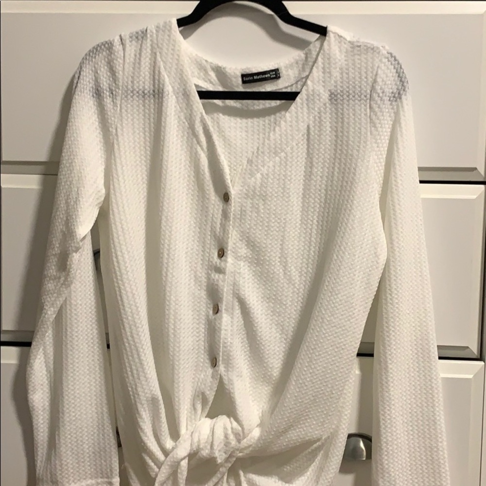 Women’s white waffle knit front tie long sleeve